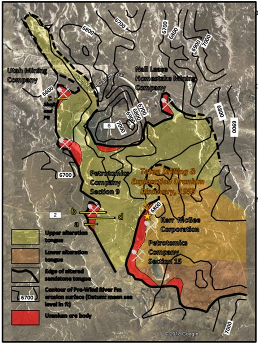 Geology map of Shirley Basin uranium bearing sandstones, Wind River Formation, Wyoming