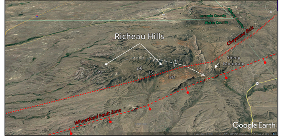 Aerial view of Richeau Hills anticline with annotated geology, Platte County, Wyoming