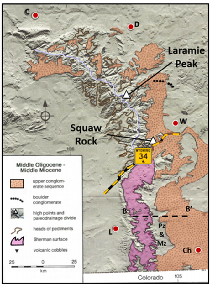 Geology map of Laramie Mountains showing extent of Tertiary conglomerates and Sherman erosion surface, Wyoming