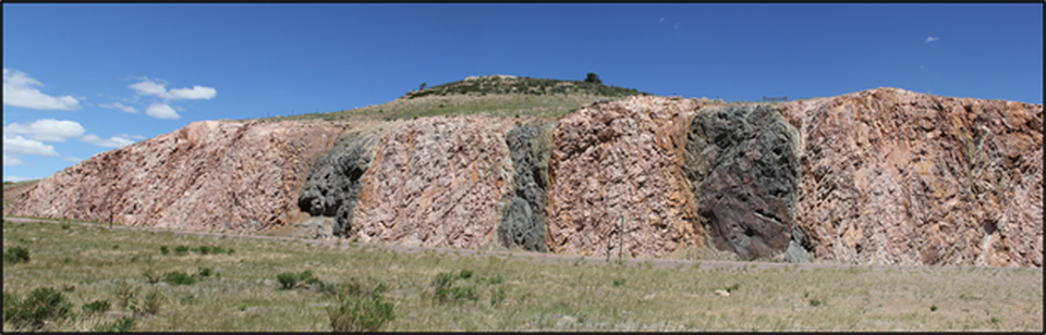 Wyoming 34 outcrops of Archean granitic gneisses cut by black mafic dikes, Albany County, Wyoming
