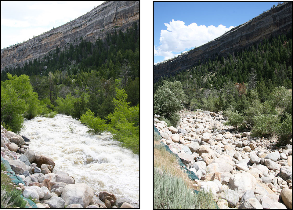 Pictures of overflow channel in Sinks Canyon at high water and normal water flow, Fremont County, Wyoming