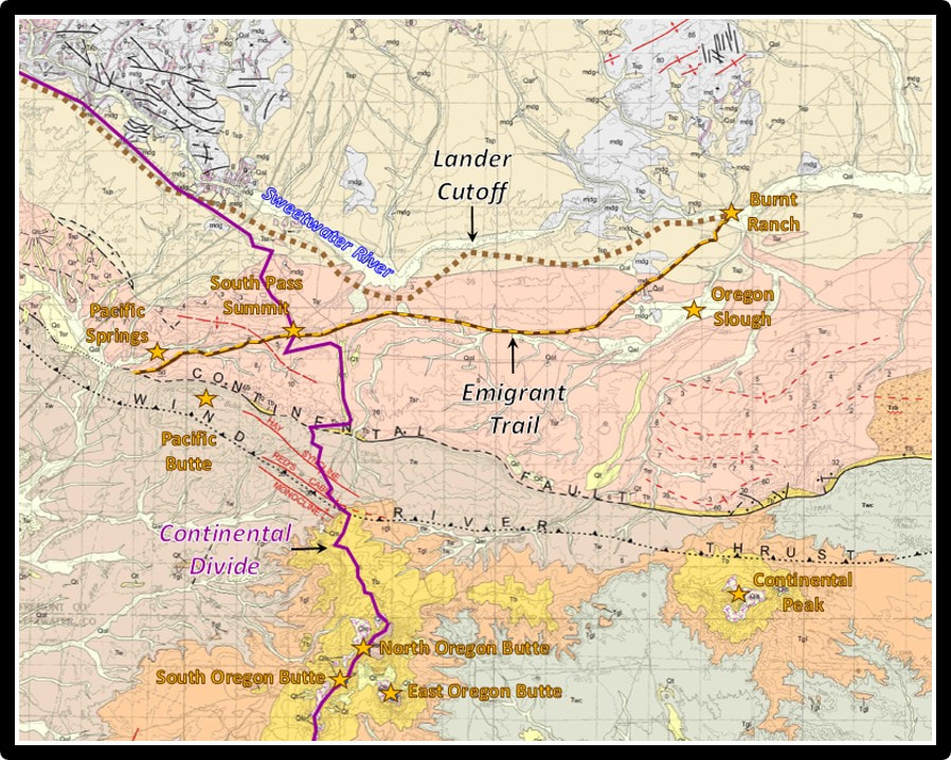 Detailed geologic map of South Pass area, annotated with Emigrant Trail, Wyoming