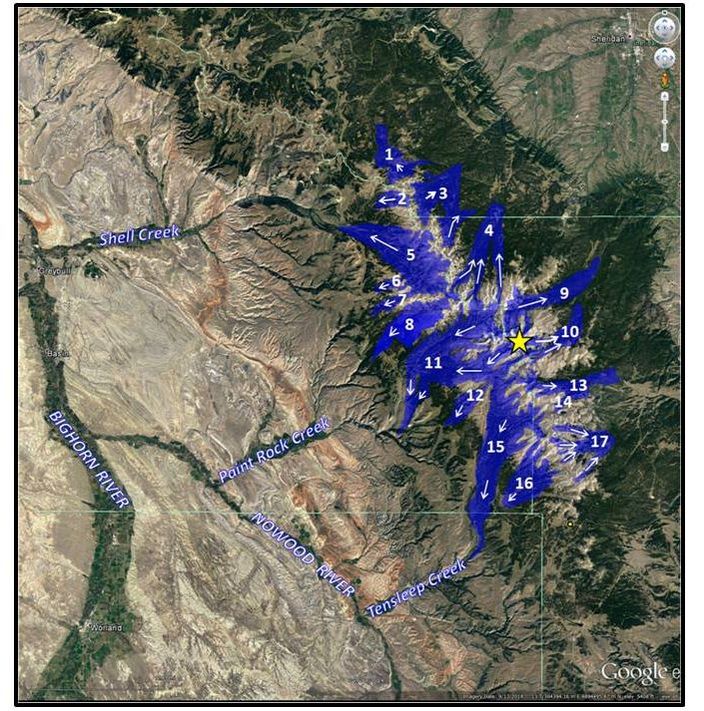 Map of Glaciers Bighorn Mountains on Google Earth Image