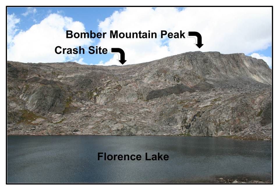 Picture Bomber Mountain Peak, Bomber crash site and Florence Lake, Bighorn Mountains