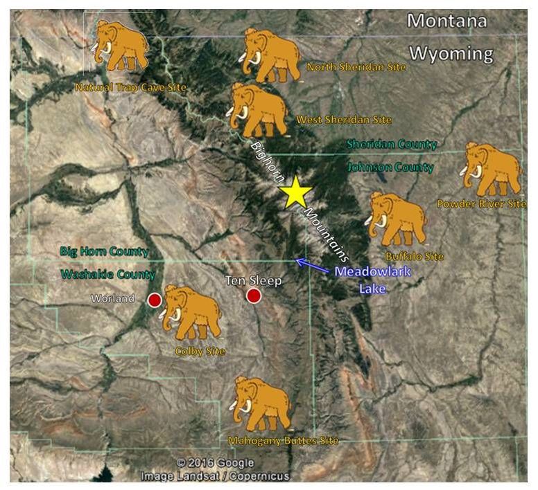 Map of Bighorn Mountain area Mammoth sites on Google Earth Image