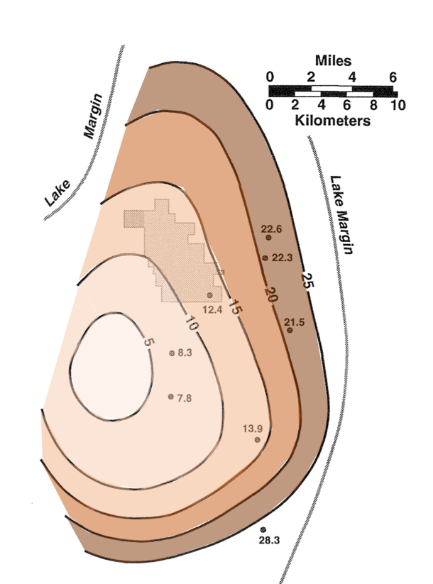 Geologic thickness map of Eocene Lower Sandwich Bed in Fossil Basin, Wyoming
