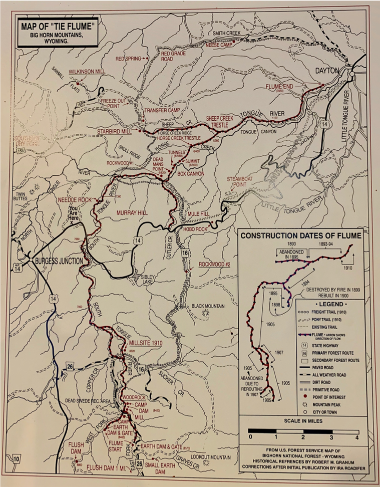 Map of tie flumes in the Bighorn Mountains, Sheridan County, Wyoming