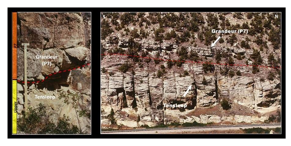 Pictures of contact between Pennsylvanian Tensleep Sandstone and Permian Phosphoria Formation, annotated, Wind River Canyon, Hot Springs County, Wyoming