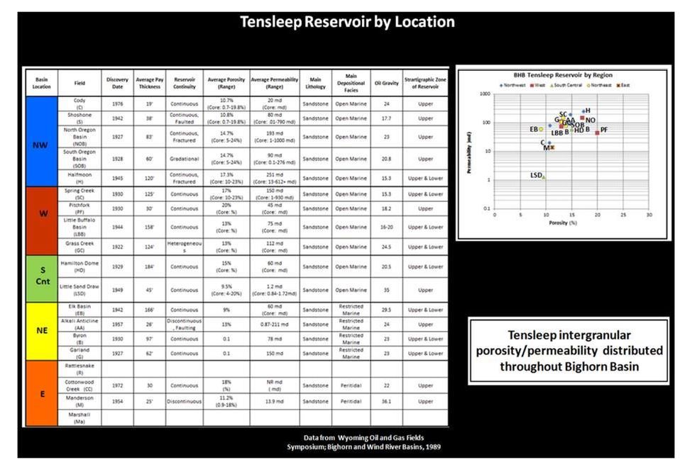 Table of lithology, porosity & permeability of PennsylvanianTensleep Sandstone, Bighorn Basin, Wyoming
