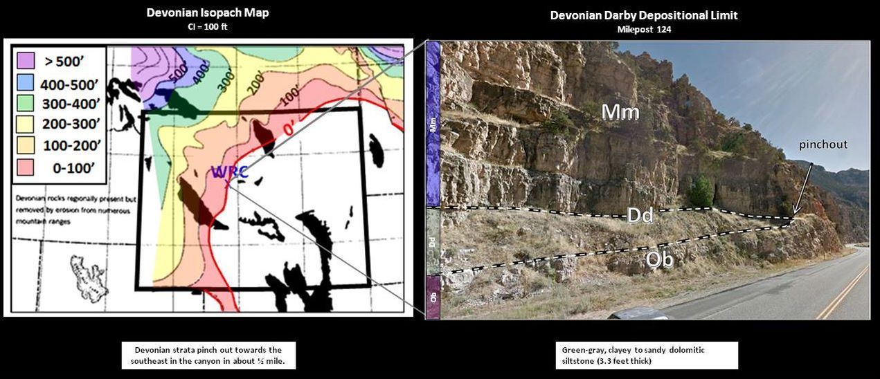 Devonian thickness map in Wyoming and picture of Devonian in Wind River Canyon, Wyoming