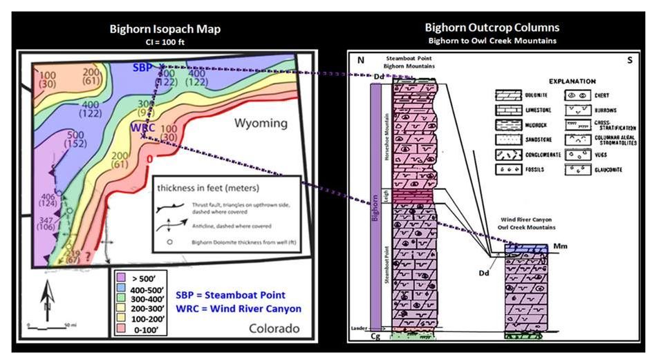 Ordovician Bighorn Formation thickness map and cross section, Wyoming