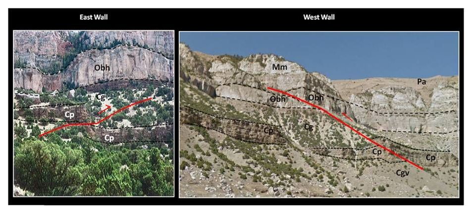 Pictures of thrust fault, annotated geology, Wind River Canyon, Hot Springs County, Wyoming