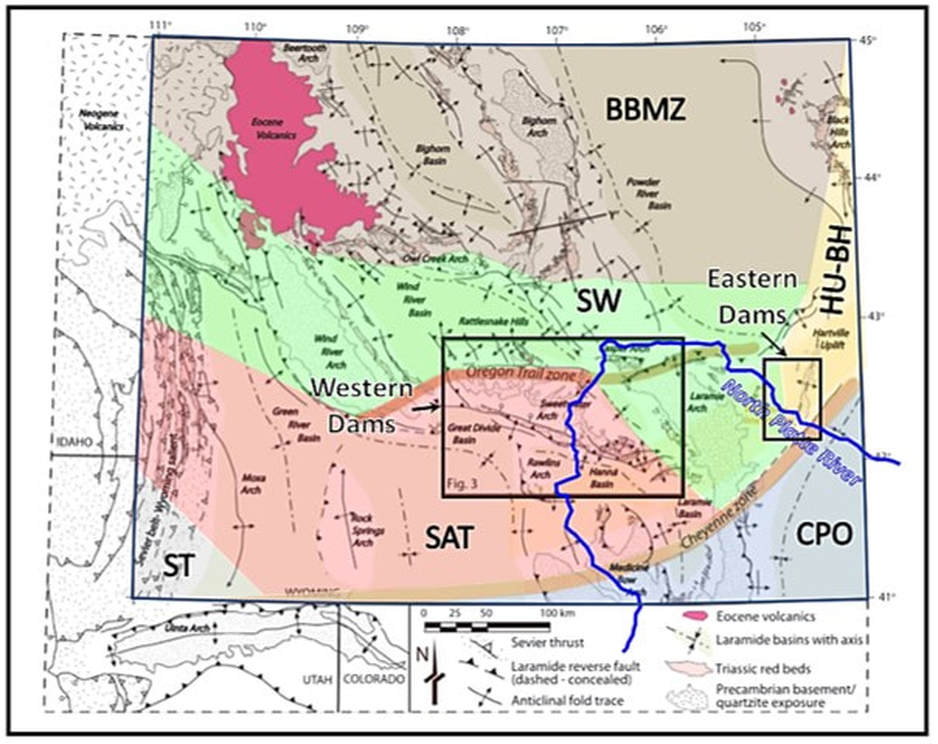 Tectonic map of Wyoming with North Platte River annotated