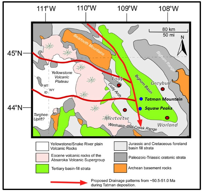 Eocene paleodrainage map of Bighorn Basin, Wyoming