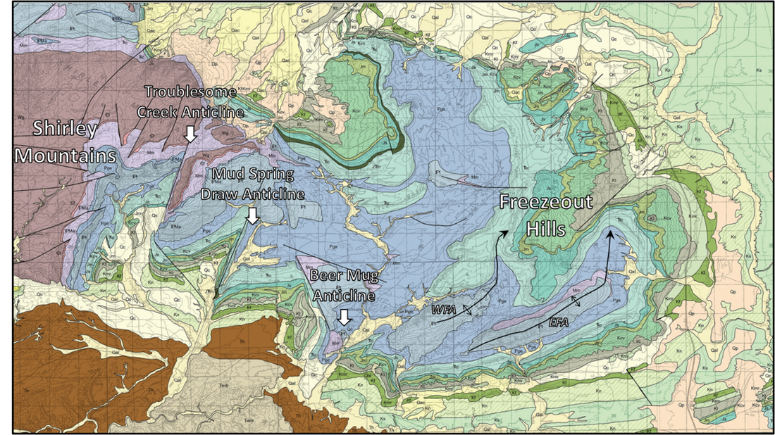 Detailed geology map of Freezeout Hills, Wyoming  