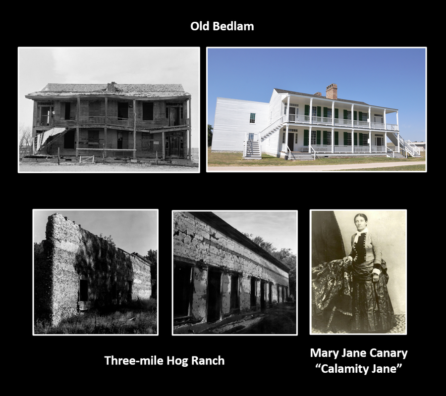 Pictures of Old Bedlam building at Fort Laramie, Calamity Jane, bordello at Three-Hog Ranch, Wyoming