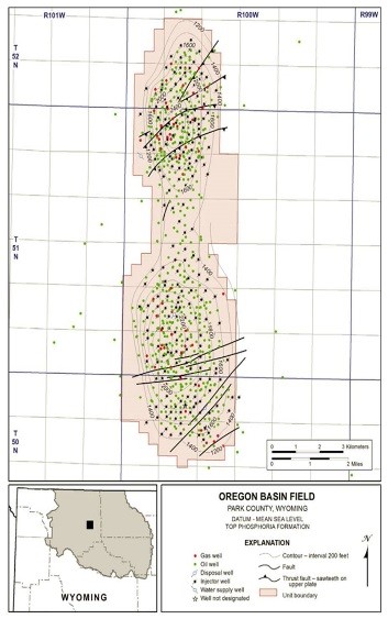 Geology structure map on Phosphoria Formation, Oregon Basin Oil Field, Park County, Wyoming