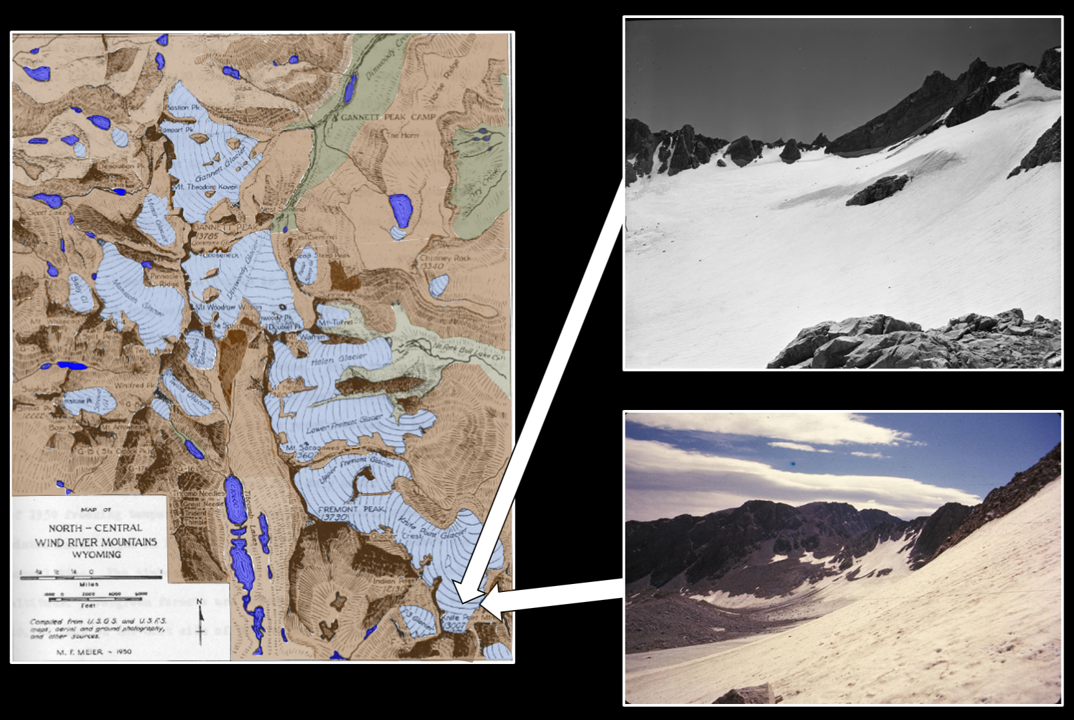 Map of Wind River Mountain glaciers 1950, and pictures of Knife Point Glacier, Wyoming