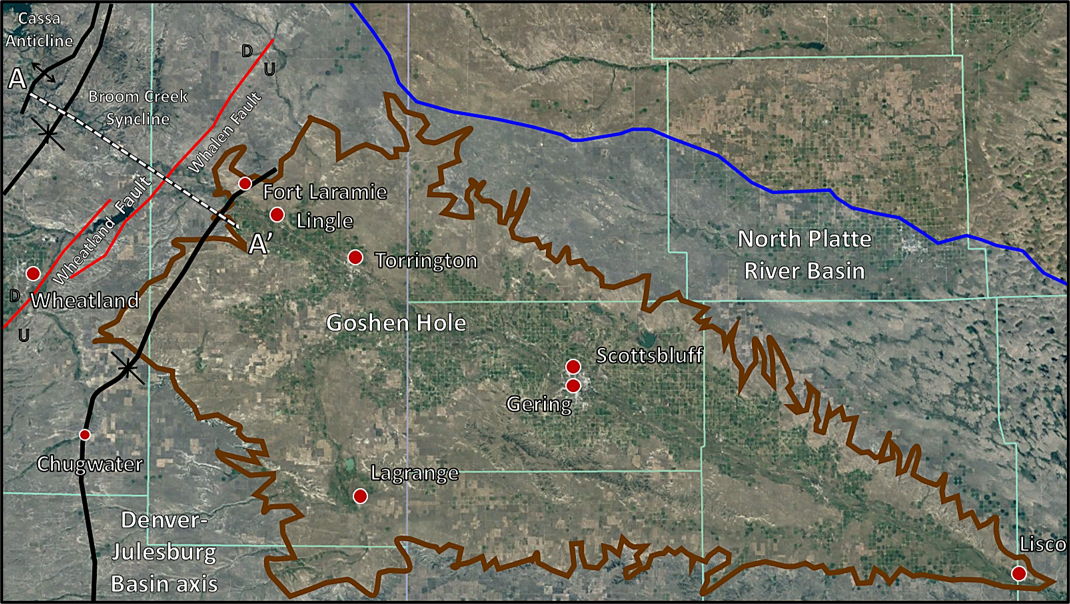 Map of Goshen Hole with major geologic structural features, Wyoming and Nebraska