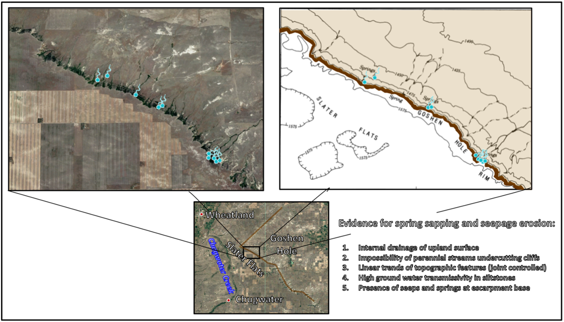 Aerial image and maps of western edge of Goshen Hole escarpment showing spring sapping model, Wyoming