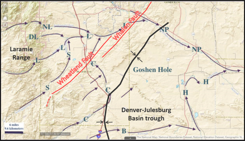 Map of stream flow in Laramie Range, Goshen Hole and Denver-Julesburg Basin, Wyoming