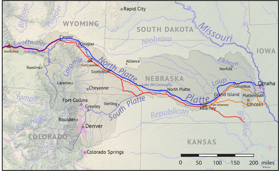 Map of Platte River Drainage, emigrant trails and major military forts, Wyoming and Nebraska