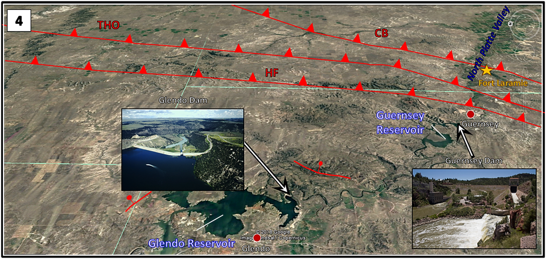  Aerial picture of Glendo and Guernsey Reservoir annotated with faults, and pictures of Glendo Dam and Guernsey Dam, Wyoming