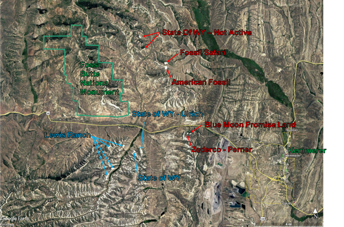 Map of fossil fish quarries near Fossil Butte National Monument, Wyoming