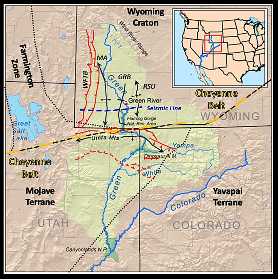 Tectonic map of Flaming Gorge and Green River drainage basin, Wyoming, Utah, and Colorado