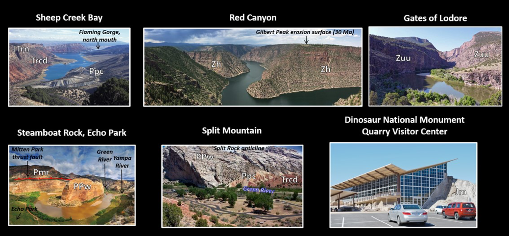 Pictures of Flaming Gorge landscapes with annotated geology, Wyoming, Utah, and Colorado
