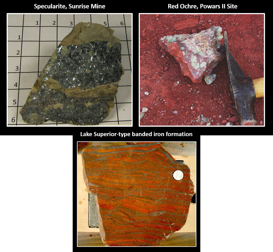 Pictures of iron ore minerals Specularite, Iron Ochre and Banded Iron Formation that are found at Sunrise Mine, Wyoming
