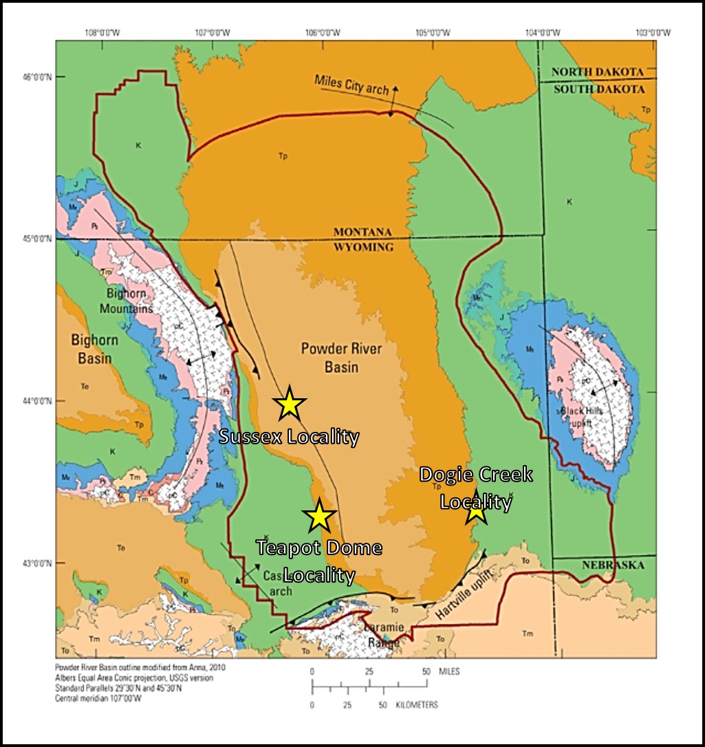 Geologic map of Powder River Basin with K-T boundary locations, Wyoming