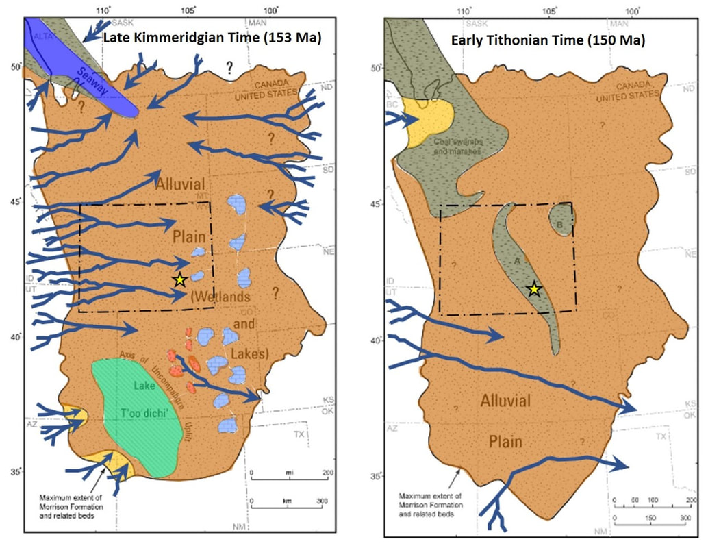 Paleogeography map of Jurassic Late Kimmeridgian and Early Tithonian Time, Rocky Mountains