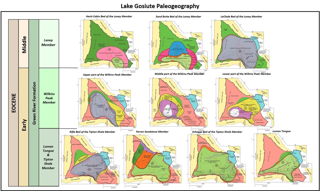 Paleogeography maps of the members of the Eocene Green River Formation, Wyoming
