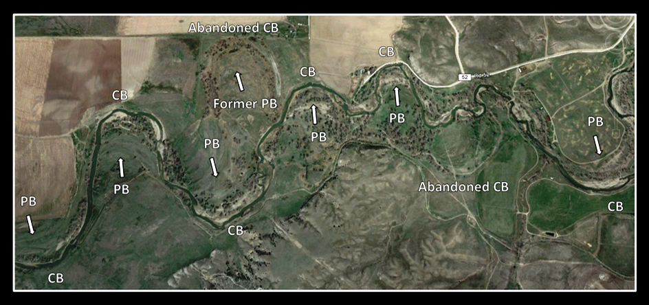 Google Earth image of Laramie River west of Fort Laramie, annotated with point bars and cut banks, Wyoming
