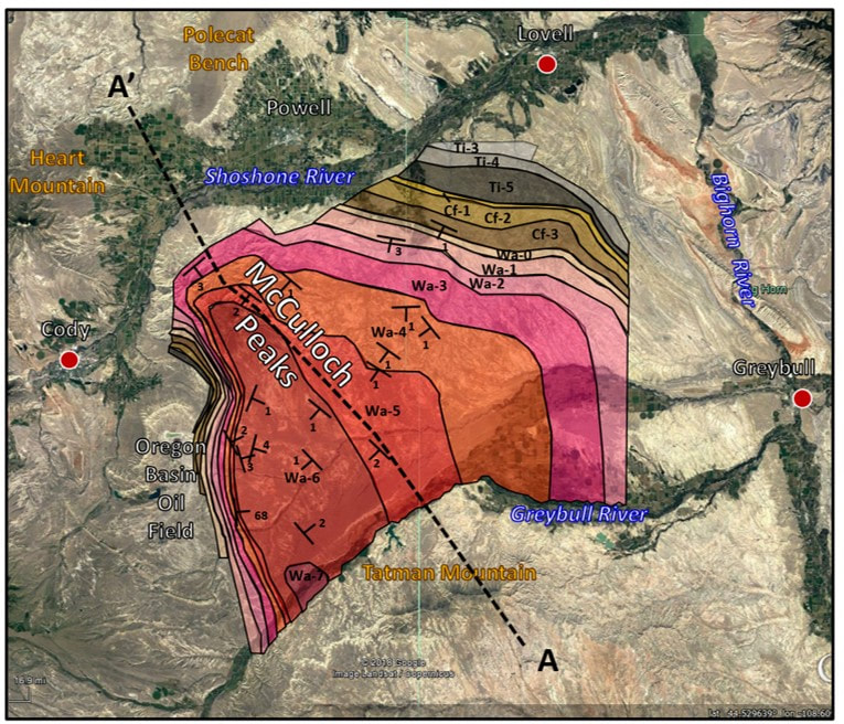 Geologic map McCullough Peaks showing biostratigraphic zones, Park County, Wyoming
