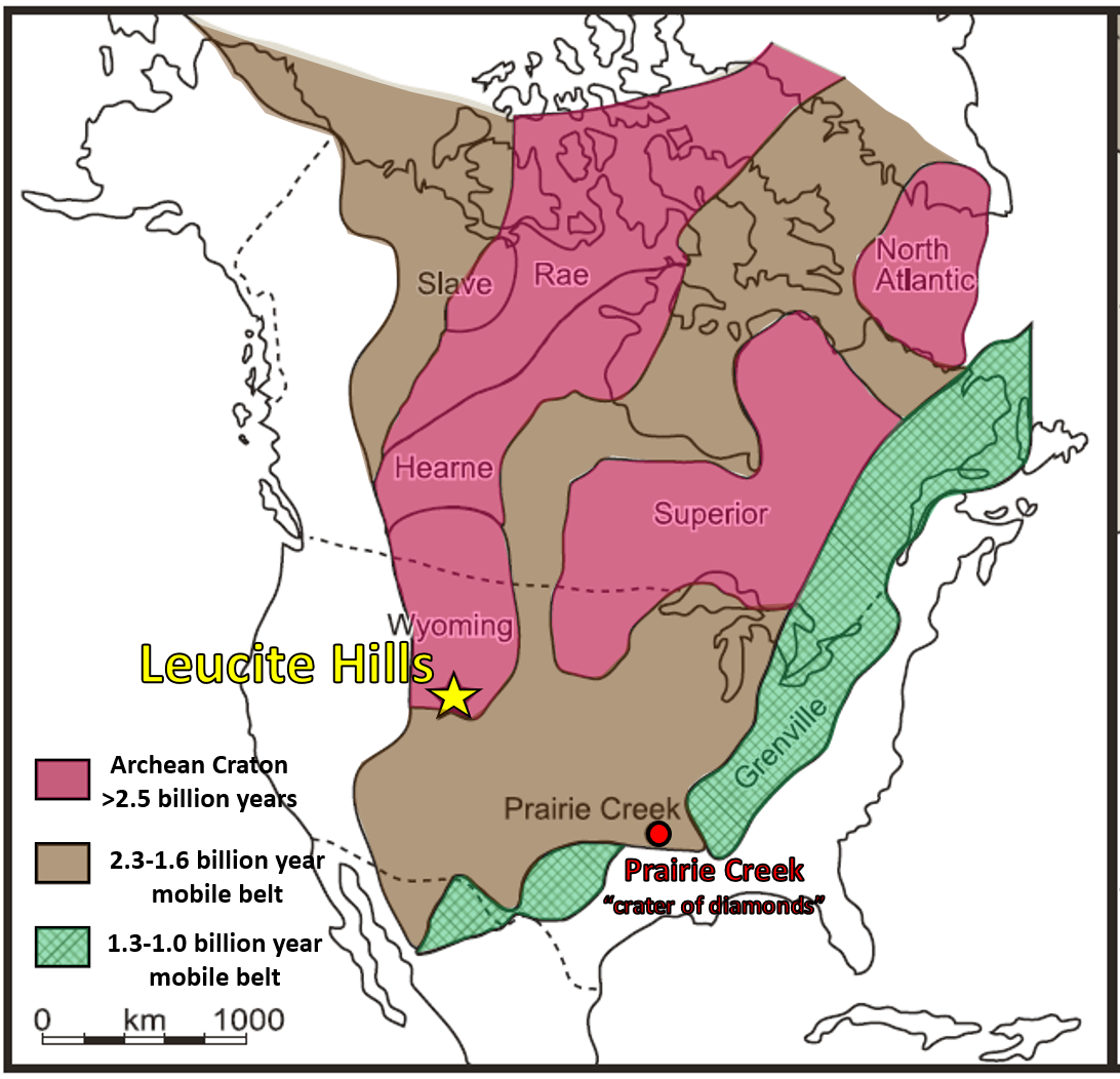 Geologic map of North America showing Archean craton, Leucite Hills Lamproite and Prairie Creek Lamproite