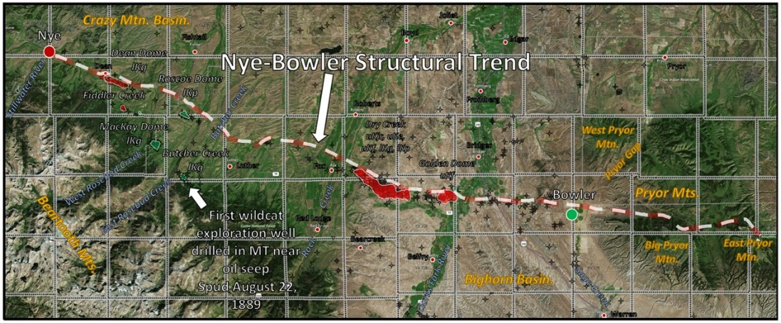 Map of Nye-Bowler Fault Zone with oil and gas productive structures and oil seep, Montana