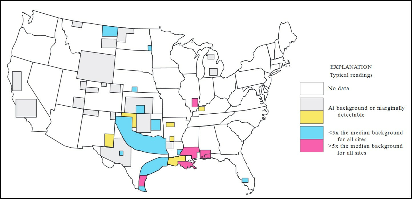 Map of NORM radiation levels from oil field equipment in the US