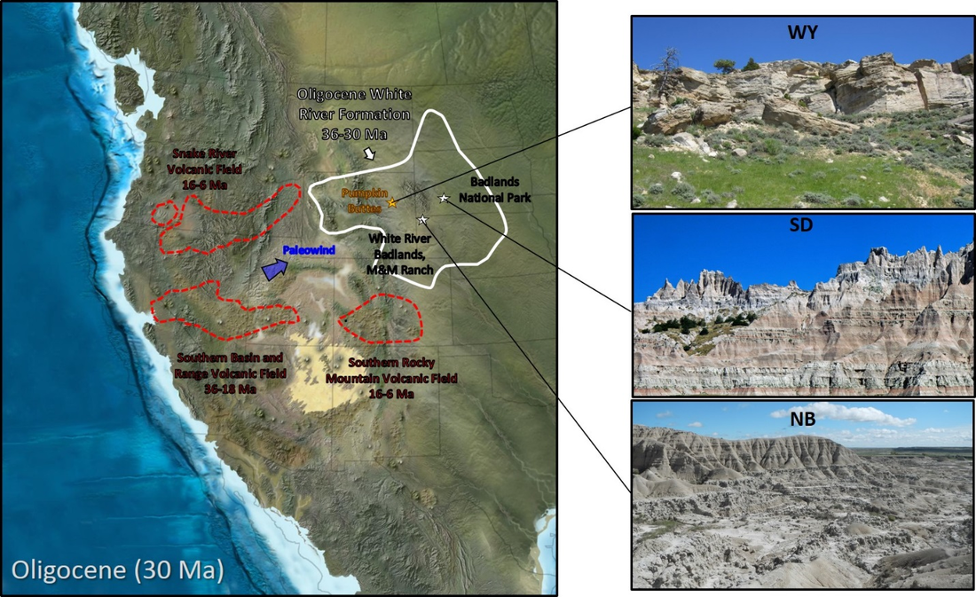 Paleogeographic map of Oligocene White River Formation and pictures of White River Formation in Wyoming, South Dakota and Nebraska