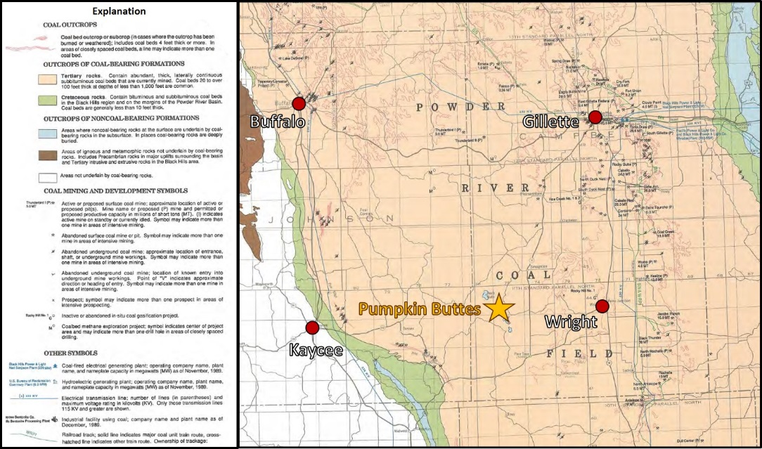 Map of coal mines and coal outcrops in the Powder River Basin, Wyoming