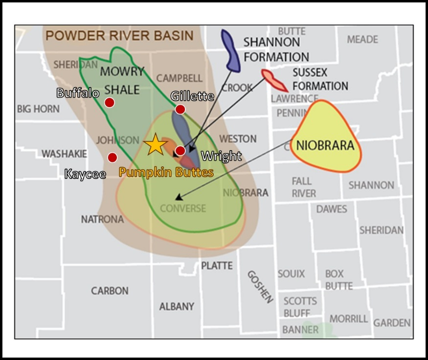 Map of unconventional oil and gas plays in the Powder River Basin, Wyoming