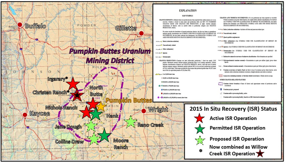 Map of uranium mines in the Powder River Basin, Wyoming