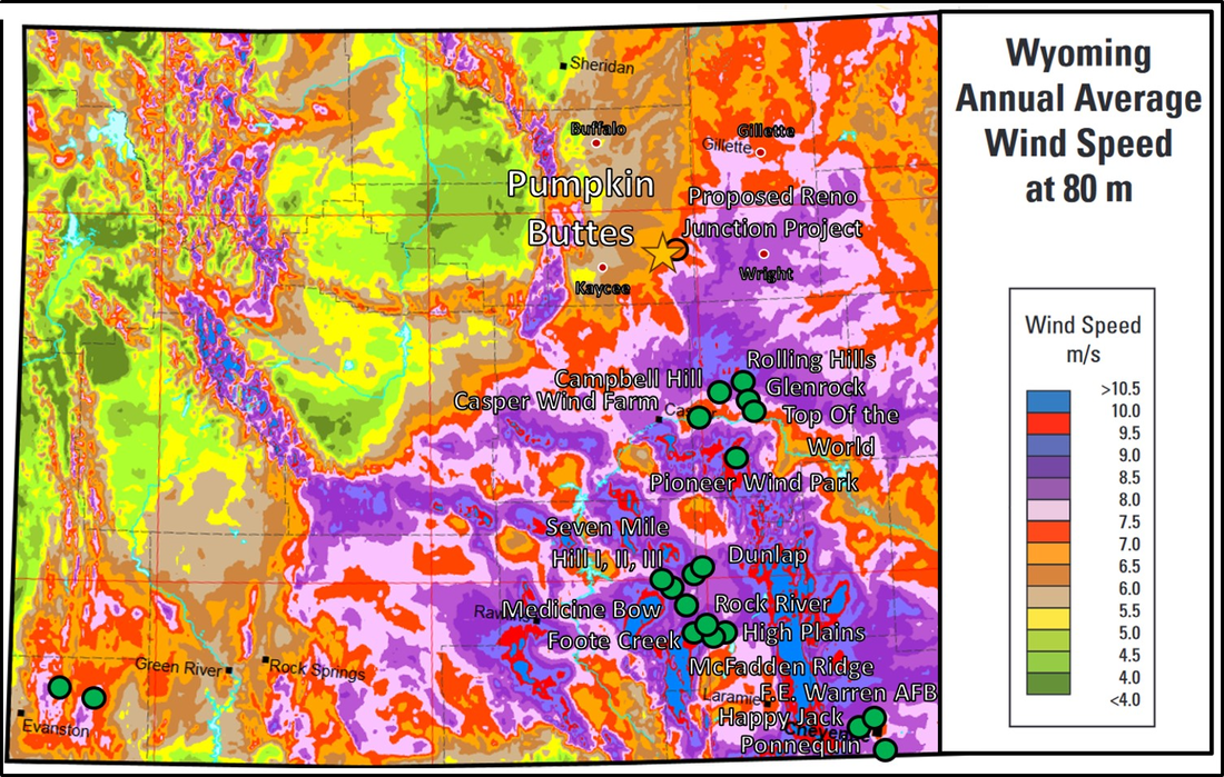 Map of Wyoming average wind speed with active and proposed wind farms