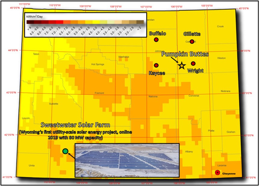 Map of Wyoming solar potential with location of first utility-scale solar project