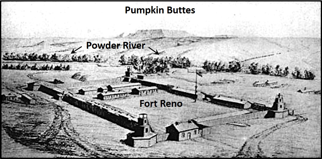 Drawing of Fort Reno with Pumpkin Buttes in background, Wyoming