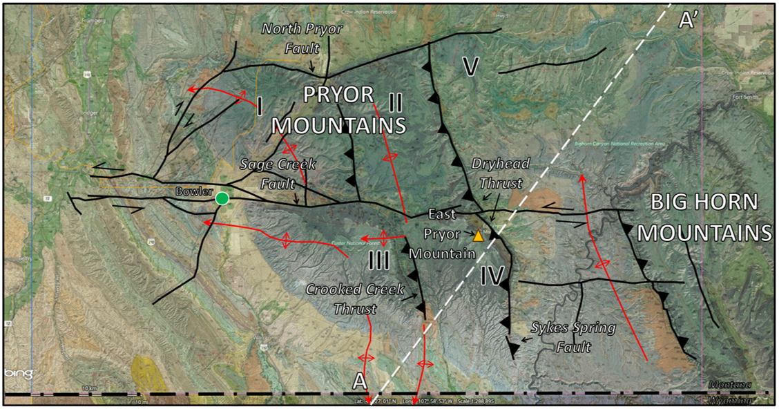 Map of Pryor Mountains structural blocks, faults and anticlines, Montana 