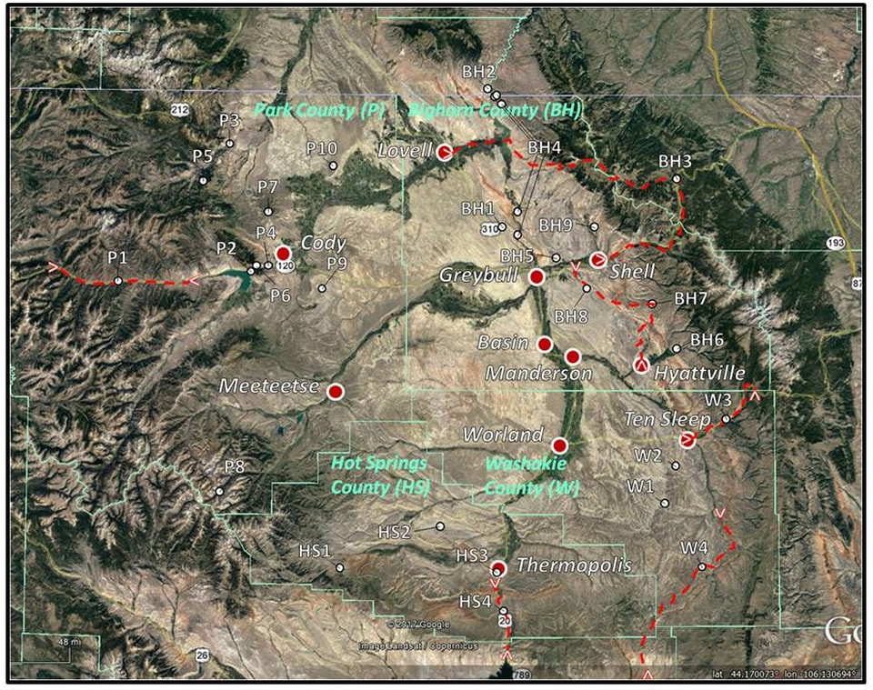 Map of Bighorn Basin with geology top spots, Wyoming