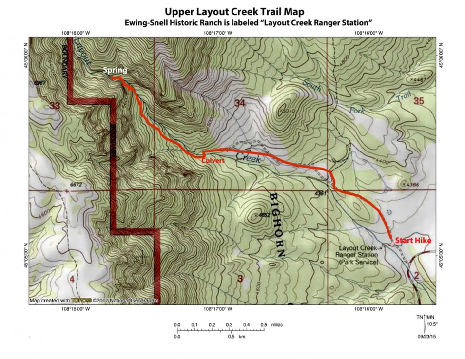 Topographic map Layout Creek Trail, Bighorn Canyon National Recreation Area