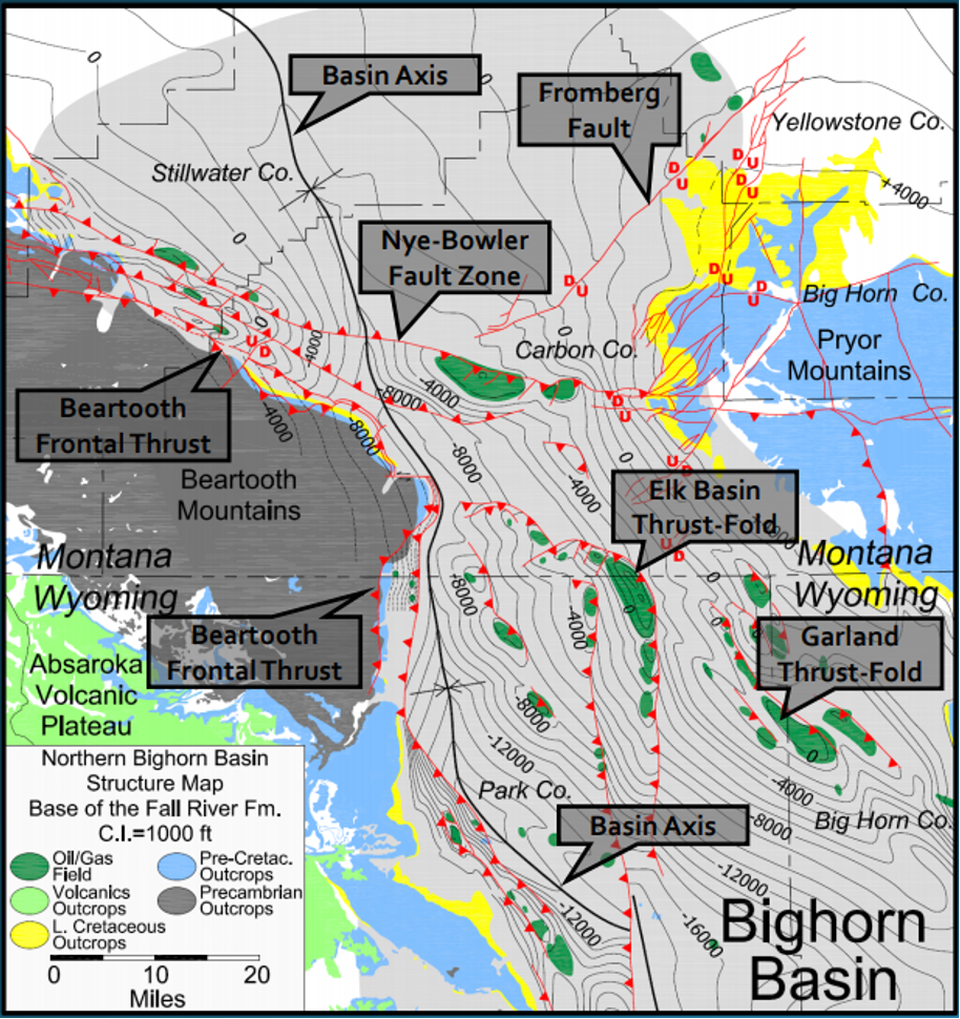 Northern Bighorn Basin structure map on Cretaceous Fall River Sandstone (Dakota Sandstone), Wyoming and Montana